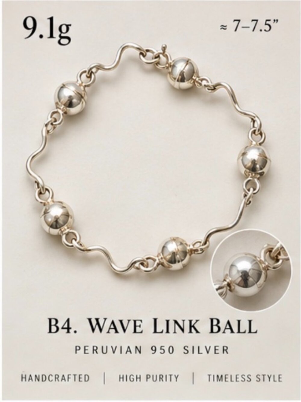 Peruvian 950 Silver Wavy Link Ball Bracelet 9.1g
